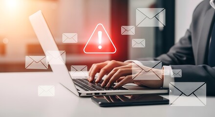 Person typing on laptop with email and warning icons