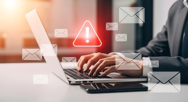 Person typing on laptop with email and warning icons