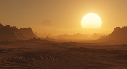 Orange Desert Landscape with Rising Sun and Swirls