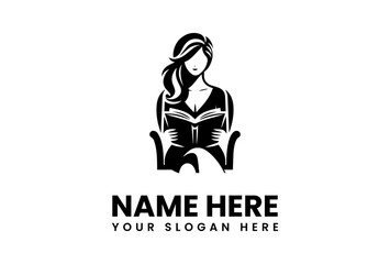 Elegant Woman Reading Book Seated in Chair Monochrome Logo Design.