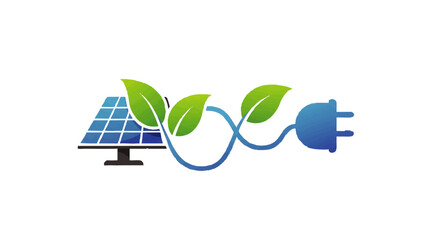 Stylized solar panel icon connected by a leafy green vine cable to a blue electric plug, symbolizing renewable energy.