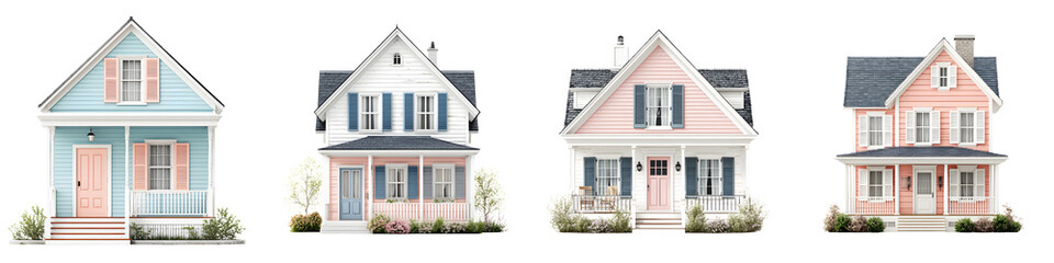 Pastel Cottage Houses: Charming Suburban Homes Isolated on White