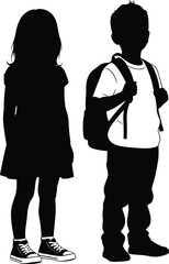 Silhouette of children, boy with backpack, girl in dress, school theme, isolated on white, student concept, education, kids, standing pose