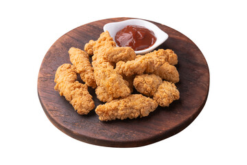 Breaded chicken bites in a board isolated over white background