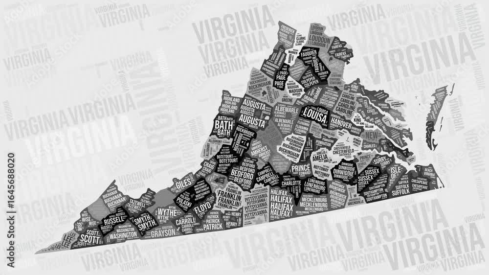 Poster virginia animation. visual effect of virginia counties appearing in black and white word clouds styl