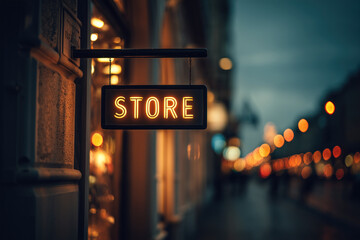 Illuminated "Store" sign glows above a shop entrance in the city at night.