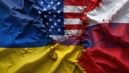 Tensions rise ukraine and russia flags torn amidst us involvement political landscape digital art abstract close-up conflict