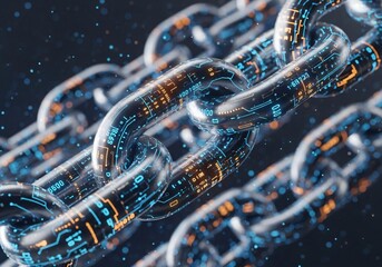Digital blockchain technology concept with glowing circuit chain links