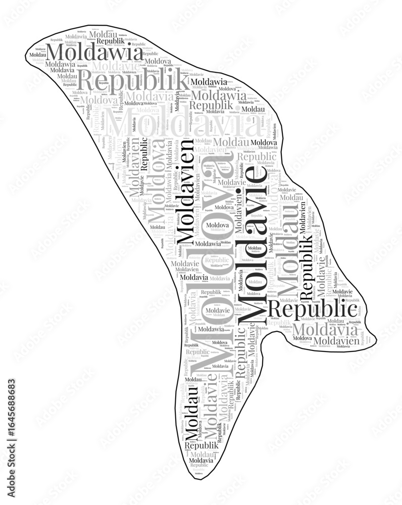 Poster moldova shape filled with country name in many languages. moldova map in wordcloud style. classy vec
