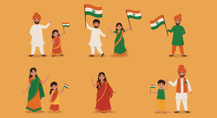 Celebrating India Families with National Flags, a vibrant illustration capturing the spirit of unity and independence.