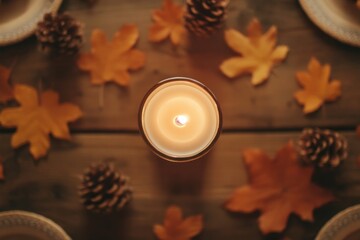 Autumnal Ambiance: A cozy candle burns brightly amidst a beautiful arrangement of fall foliage and pine cones. captured on a wooden table, evoking a sense of warmth and tranquility.