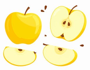 Vibrant Yellow Apple Illustrations Whole, Halved, and Sliced Pieces with Bright Tones