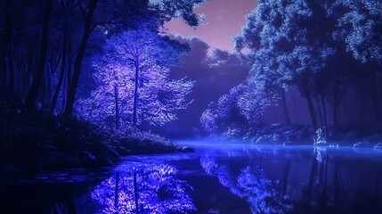Obraz premium A tranquil nighttime forest scene with water reflections and trees