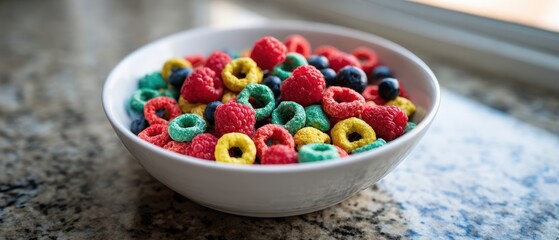 The Colorful Cereal Bowl Of Rainbow Rings On Granite Countertop