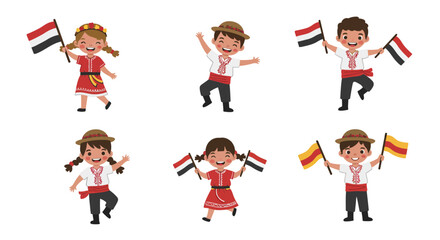 Joyful cartoon children proudly display their national flags, embodying a spirit of cultural unity and festive celebration in a lively, colorful illustration.