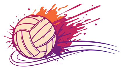 Dynamic Beige Volleyball with Abstract Red and Orange Paint Splatter.