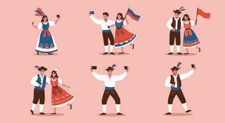 Traditional Folk Dancers Capturing Moments with Flags and Phones