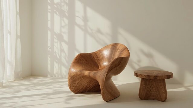 A minimalist sunlit interior with a modern sculp of wooden furniture, 3d render