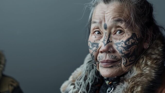 Portraits showcasing the distinctive facial tattoos and intricate facial piercings worn by Inuit women.