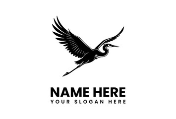 Obraz premium Silhouette of a Heron in Flight with Outstretched Wings and Logo.
