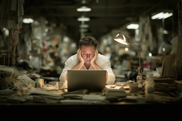 Factory manager stares at rising export graph in harshly lit office