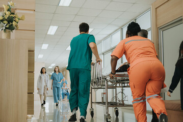 Emergency medical team pushing patient in hospital. Doctors and nurses health care with patient in busy