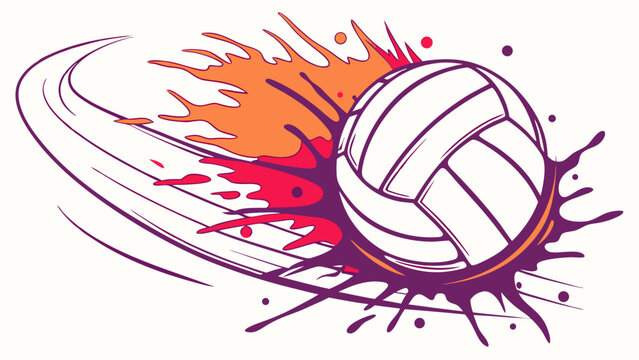 Dynamic Volleyball Graphic White Ball with Purple and Orange Splatter.