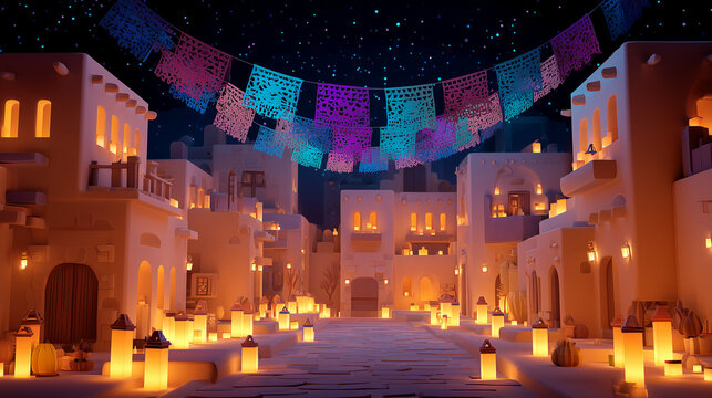 Magical Las Posadas Navide&ntilde;as Night with Luminarias and Colorful Papel Picado in a Traditional Mexican Village Plaza