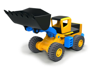 Wheeled front loader stylized modern vehicle whith shadow. Construction equipment isolated raster image designed to look like a toy or cartoon version of a construction vehicle. Color 3d illustration 