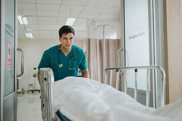 Emergency medical worker pushing patient in hospital. Doctors and nurses health care with patient...