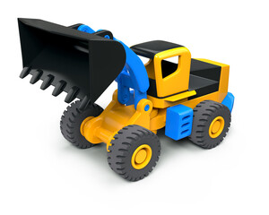 Wheeled front loader stylized modern vehicle whith shadow. Construction equipment isolated raster image designed to look like a toy or cartoon version of a construction vehicle. Color 3d illustration 