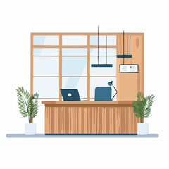 The design of a workplace, a modern office, a creative office workspace with large windows, interior furniture illustration in flat design, website banner
2