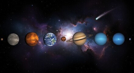 Colorful Planetary System Displayed Against Dark Nebula Background