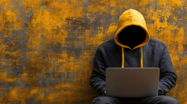 Urban close-up of mysterious figure in black hoodie an enigmatic atmosphere with yellow accents - Powered by Adobe