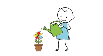 Stick figure child watering a colorful flower in a pot.