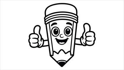 Cute Cartoon Pencil Character Giving Thumbs Up Black and White Vector Illustration