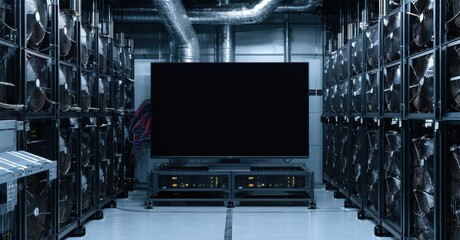 Server room filled with racks. Cooling fans visible. Dark environment, central display screen prominent. Modern data center infrastructure.