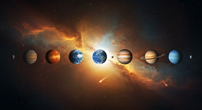 Colorful Solar System Planets on Dramatic Nebula Background