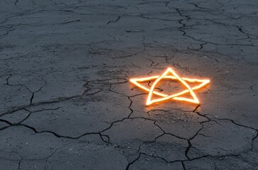 Luminous neon star gleaming against parched desert ground, casting sharp shadows and radiating hope through stark, dramatic landscape contrast