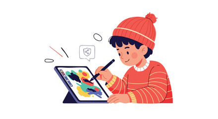 Fototapeta premium Young boy creating digital art on a modern tablet.
