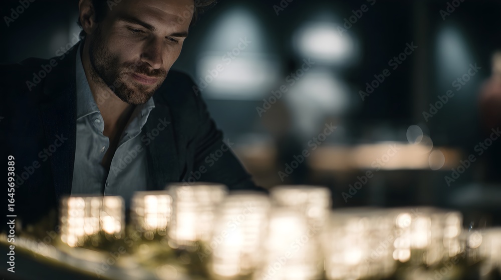 Poster real estate developer analyzing project returns with lighting and sharp focus