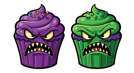 Naklejka premium Two cartoon cupcakes with angry faces, one purple and one green, both with sprinkles on top.