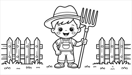Cute Farmer Boy Coloring Page Outline for Kids