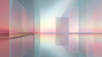 Abstract modern cityscape with futuristic glass buildings illuminated by soft pastel sunset light reflecting on water surface and sky in a minimalistic style