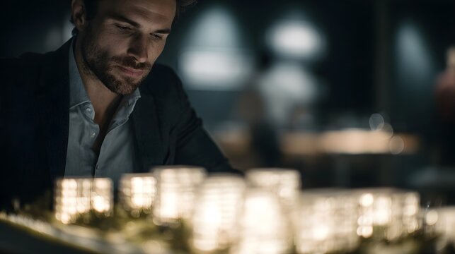 Real estate developer analyzing project returns with lighting and sharp focus