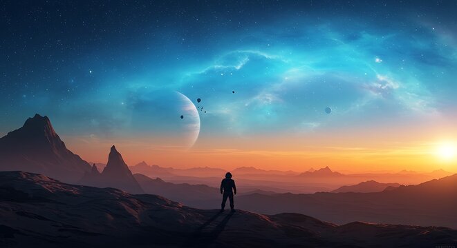 Astronaut Silhouette on Exoplanet with Turquoise Nebula and Sunset - Powered by Adobe