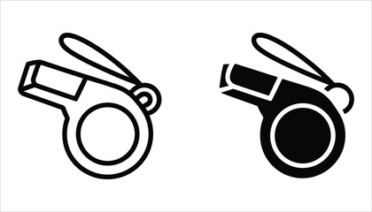 Black and White Whistle Icon Set Outline and Solid Sports Referee Symbol