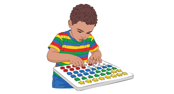 Young boy learning shapes and colors with a pegboard puzzle toy.