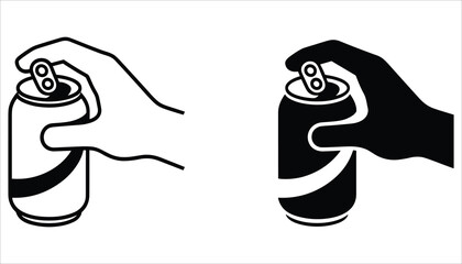 Hand Opening Soda Can Icon Black and White Vector Illustration