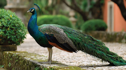 A peacock with its stunning green and blue plumage poised in a royal garden (2)